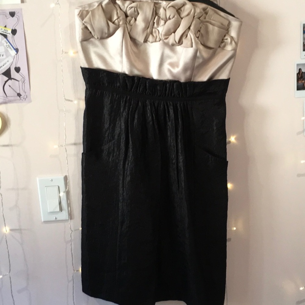 strapless black and beige dress